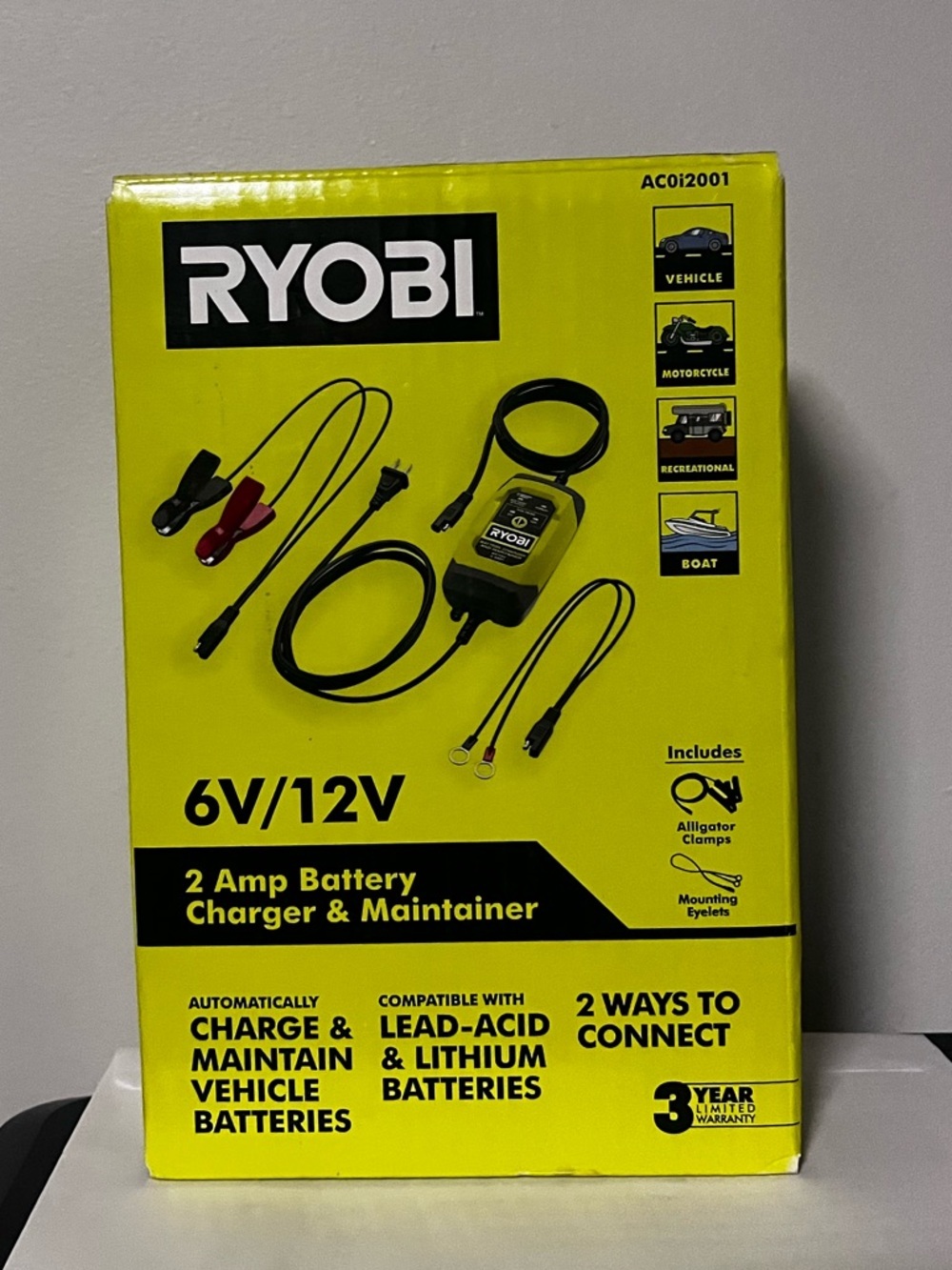 RYOBI 6V/12V 2 Amp Battery Charger & Maintainer - Yellow/Black - Picture 2 of 10